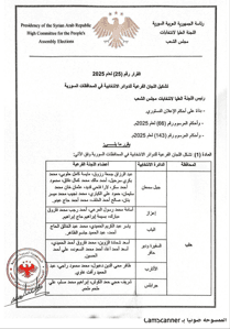 اللجنة العليا لانتخابات مجلس الشعب- القرار رقم 25 المتضمن تشكيل اللجان الفرعية للدوائر الانتخابية في المحافظات السورية 27-8-2025.jpg