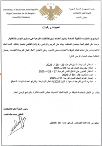 التعميم الإداري رقم 2 المتضمن التعليمات التنفيذية الخاصة باختيار أعضاء لجان الانتخابات الفرعية في المحافظات على مستوى الدوائر الانتخابية 23-8-2025.jpg